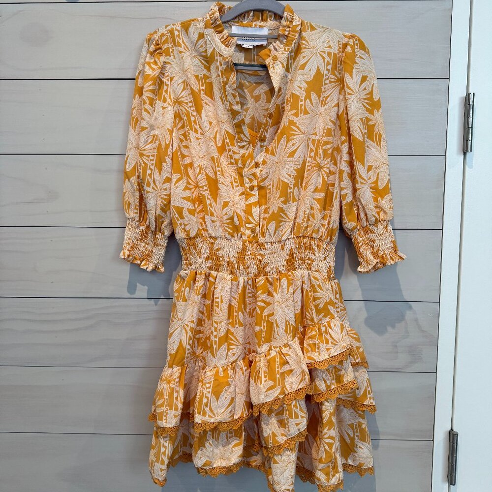 The Shirt by Rochelle Behrens Palm Print Mini Dress XS Yellow White Ruffled